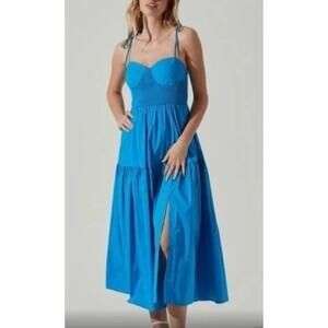 Astr Bright Blue Smocked Bodice Maxi Dress with Shoulder Ties